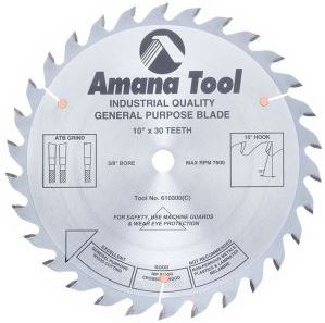 Amana Tool 610300 Carbide Tipped General Purpose 10 Inch D x 30T ATB, 15 Deg, 5/8 Bore, Circular Saw Blade