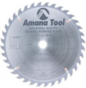 Amana Tool 612360 Carbide Tipped General Purpose 12 Inch D x 36T ATB, 15 Deg, 1 Inch Bore, Circular Saw Blade